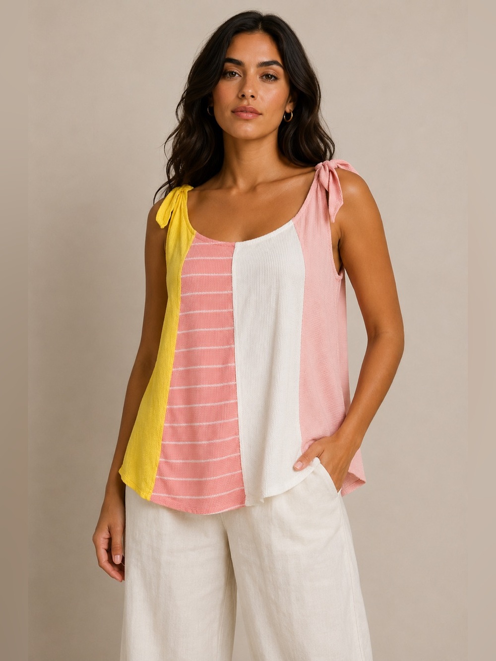 White Birch Colorblock Tie-Shoulder Sleeveless Top Large